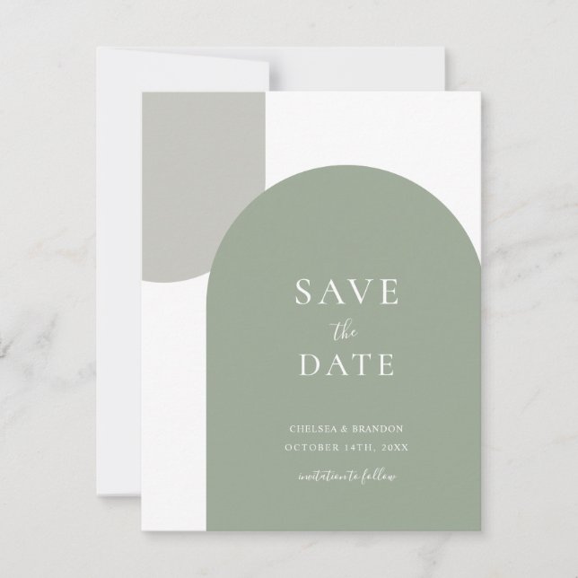 Minimal Formal Script Sage Green Arch Boho Wedding Save The Date (Front)