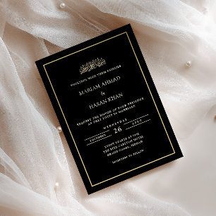 Minimal Frame Gold Script Black Muslim Wedding Invitation