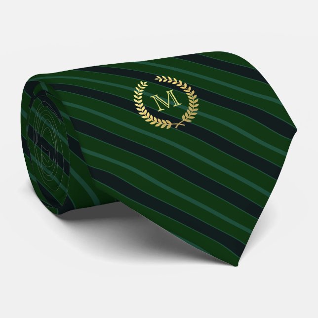 Minimal Framed Gold Monogram Green | Navy Striped Tie (Rolled)