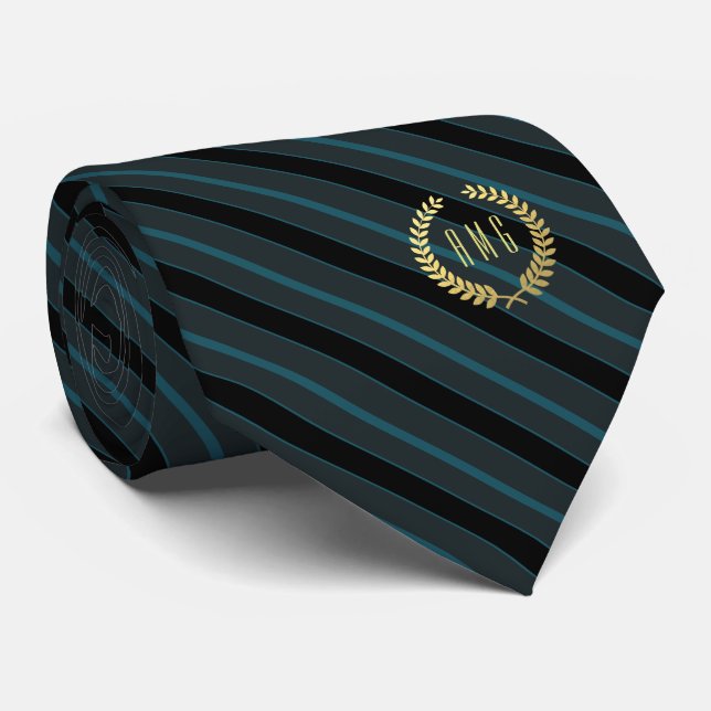 Minimal Framed Gold Monogram Teal | Black Stripe Tie (Rolled)
