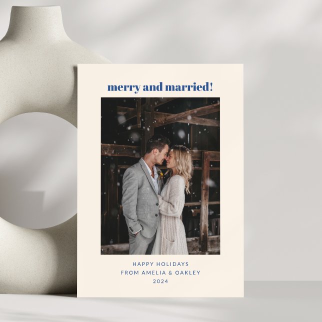 Minimal French Blue Merry Married Christmas Photo Holiday Card (Creator Uploaded)