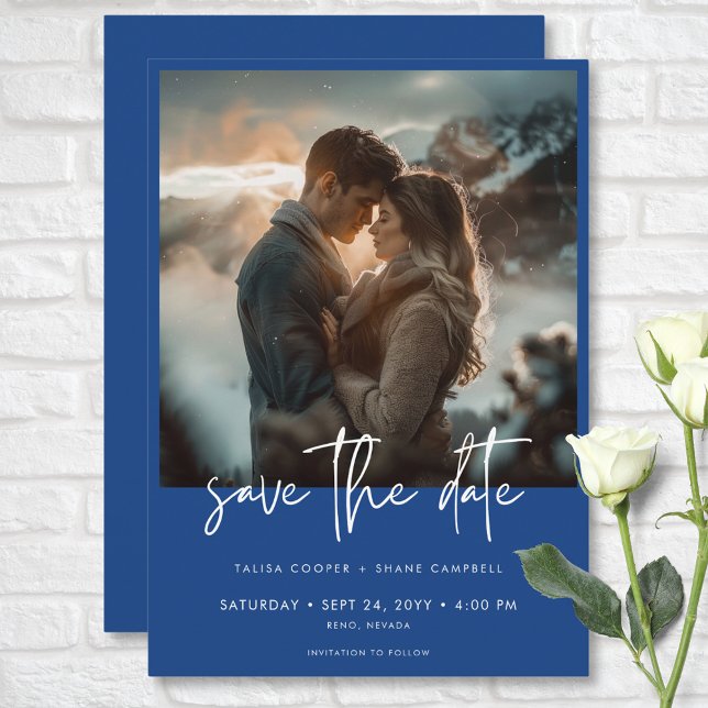 Minimal French Blue Modern Photo Wedding Save The Date (Minimal French Blue Modern Photo Wedding Save The Date)