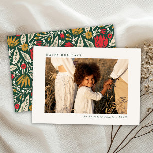 Minimal Front Colorful Folk Floral Christmas Photo Holiday Card
