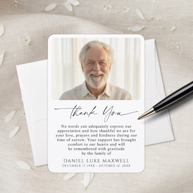 Minimal Funeral Memorial Photo Script Thank You Card (Creator Uploaded)