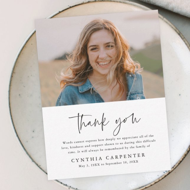 Minimal Funeral Memorial Photo Thank You Card   (Simple typography black and white photo memorial thank you magnetic card.)