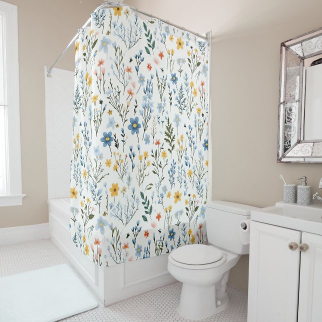 Minimal Gentle Colourful Garden Wildflowers Nurser Shower Curtain (In Situ)