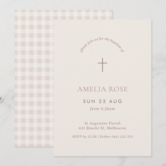 Minimal Gingham Baptism Christening Cross Invite (Front/Back)