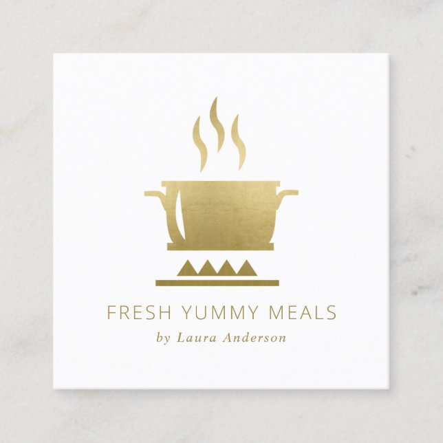 MINIMAL GLAM GOLD FAUX POT MEAL CHEF CATERING SQUARE BUSINESS CARD (Front)