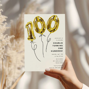 Minimal Gold 100 Balloon 100th Birthday Party Invitation