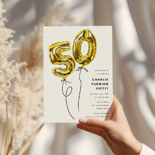 Minimal Gold 50 Balloon 50th Birthday Party Invitation