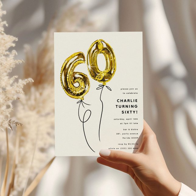 Minimal Gold 60 Balloon 60th Birthday Party Invitation (Creator Uploaded)