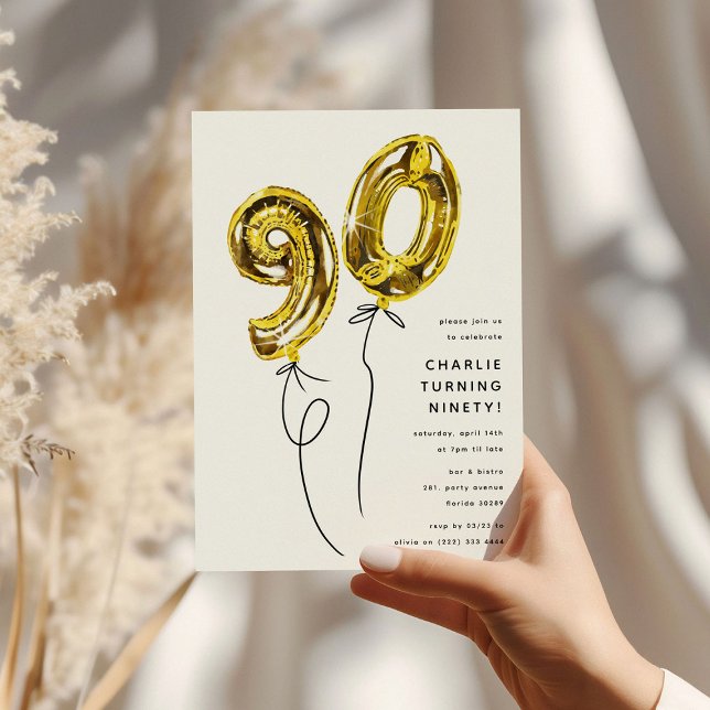 Minimal Gold 90 Balloon 90th Birthday Party Invitation (Creator Uploaded)