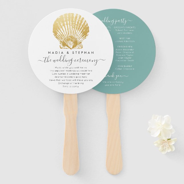 Minimal Gold and Teal Seashell Wedding Program Hand Fan (Front and Back)