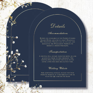 Minimal Gold Arch Navy Background Details Wedding Invitation