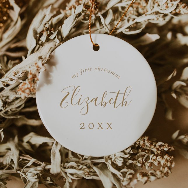 Minimal Gold Baby's First Christmas Newborn Photo Ceramic Tree Decoration (Creator Uploaded)