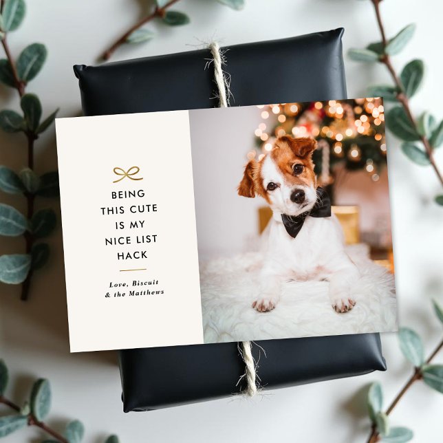 Minimal Gold Bow Cute Saying Pet Christmas Photo Holiday Card (Creator Uploaded)