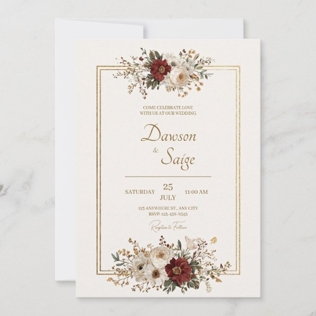 Minimal Gold & Burgundy Floral Wedding  Invitation (Front)