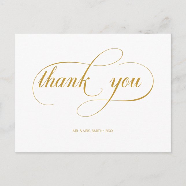 Minimal Gold Calligraphy Script Wedding Thank You Postcard (Front)