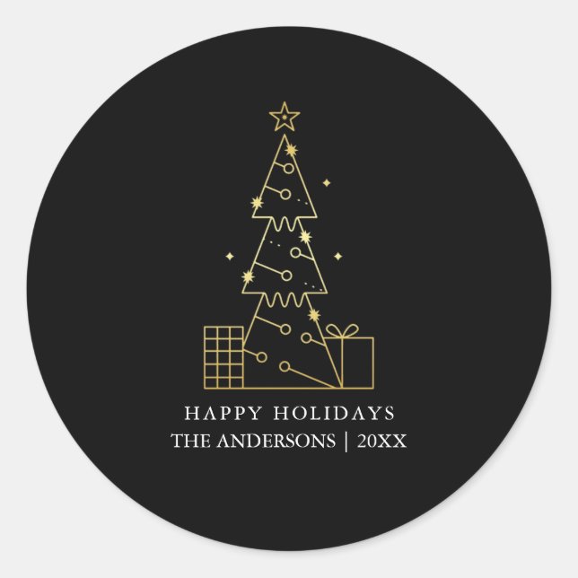 Minimal Gold Christmas Tree Modern Black Classic Round Sticker (Front)