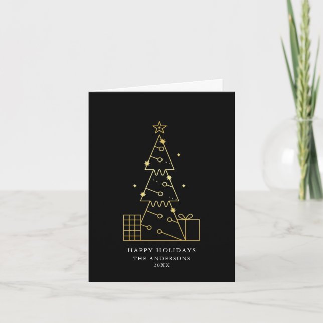 Minimal Gold Christmas Tree Modern Black Holiday Card (Front)