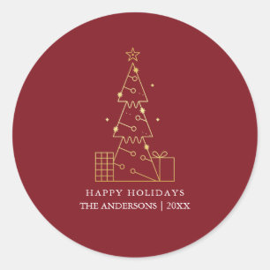 Minimal Gold Christmas Tree Modern Red Classic Round Sticker