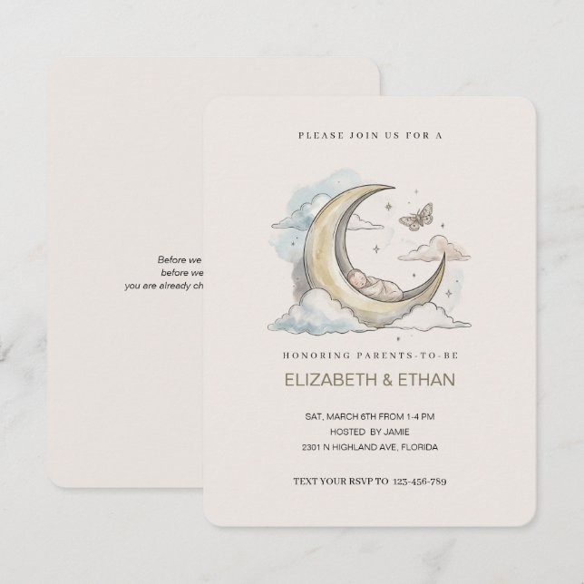 Minimal Gold Crescent Moon Swaddled Baby Shower Invitation (Front/Back)