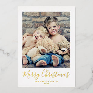 Minimal Gold Foil Merry Christmas Portrait Photo Holiday Card