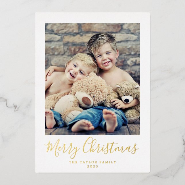 Minimal Gold Foil Merry Christmas Portrait Photo Holiday Card (Front)