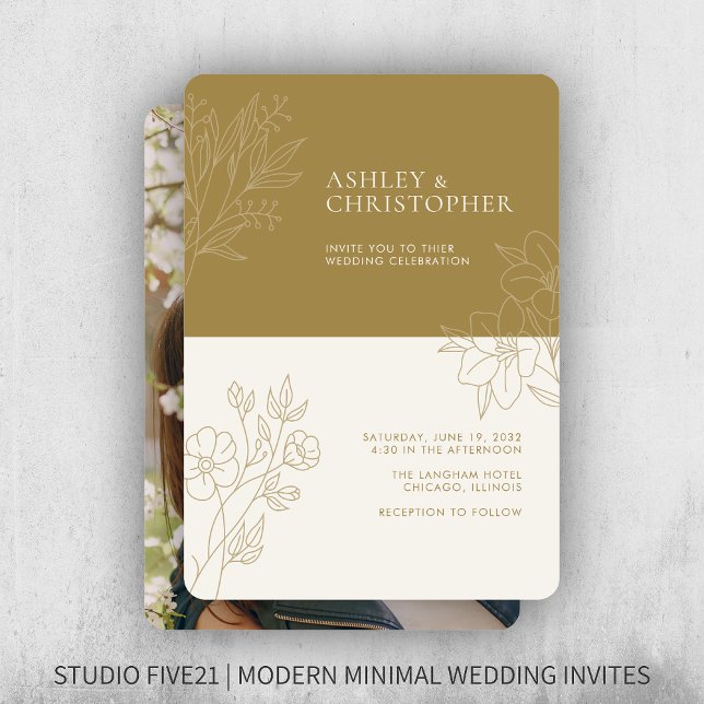Minimal Gold Foliage Outline Photo Wedding Invitation (Creator Uploaded)