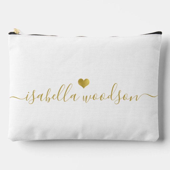 Minimal Gold Heart Script Signature Name  Accessory Pouch (Front)