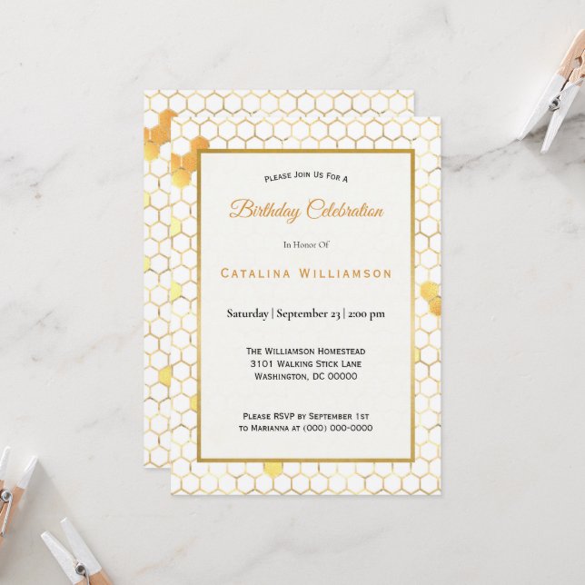 Minimal Gold Honeycomb Birthday Invitation (Front/Back In Situ)