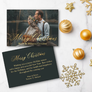 minimal gold merry christmas  mr&mrs photo wedding card