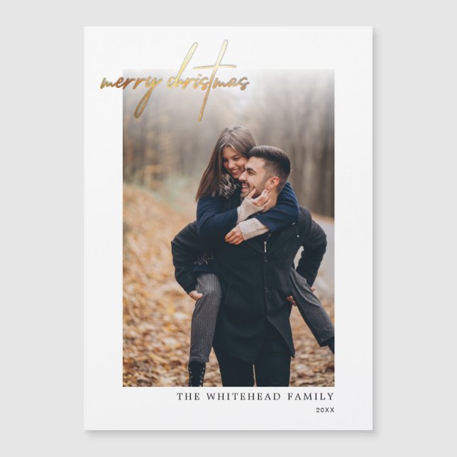 Minimal Gold Merry Christmas White Magnetic Card (Front)