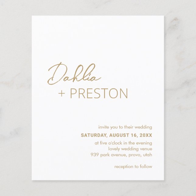 Minimal Gold Modern Budget Wedding Invite Flyer (Front)
