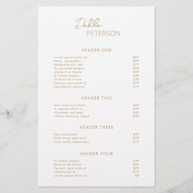 Minimal Gold Modern Business Price List (Front)