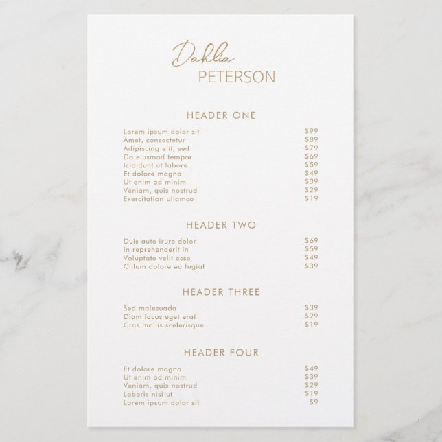 Minimal Gold Modern Business Price List Flyer (Front)