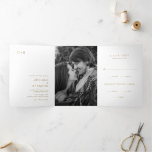 Minimal Gold Monogram Photo Modern Wedding Tri-Fold Invitation