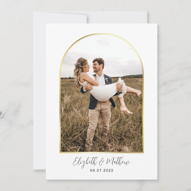 Minimal Gold Photo Arch Script Typography Wedding Invitation (Front)