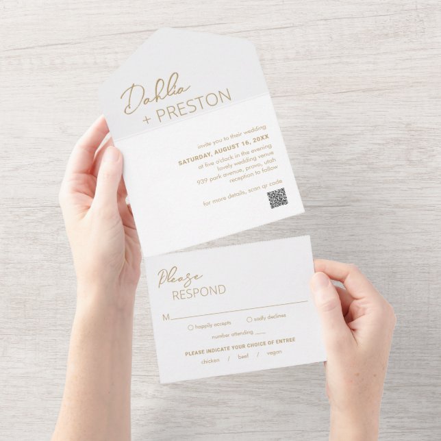Minimal Gold QR Code Modern Wedding All In One Invitation (Tearaway)