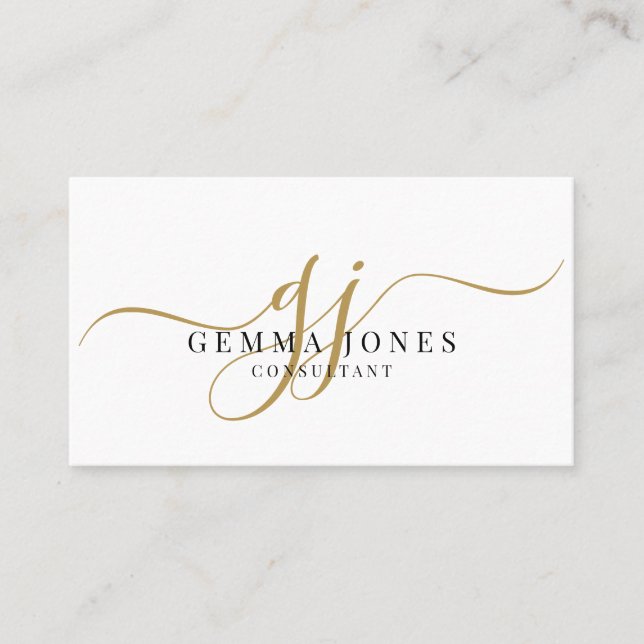 Minimal Gold Script Monogram Consultant Business Card (Front)