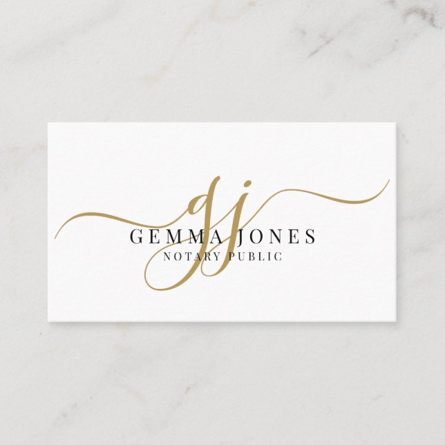 Minimal Gold Script Monogram Notary Public Business Card (Front)