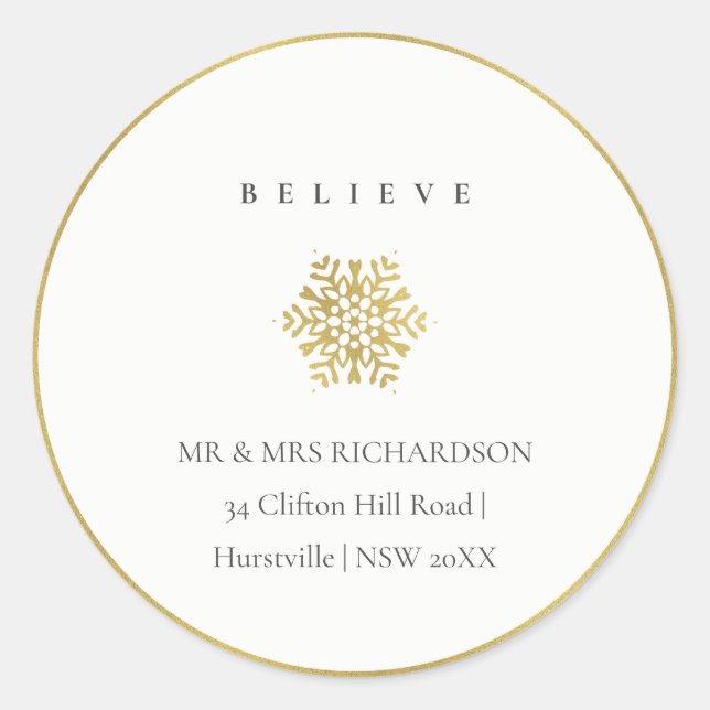 Minimal Gold Snowflake Believe Christmas Address Classic Round Sticker (Front)
