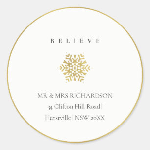 Minimal Gold Snowflake Believe Christmas Address Classic Round Sticker