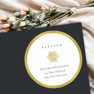 Minimal Gold Snowflake Blessed Christmas Address Classic Round Sticker