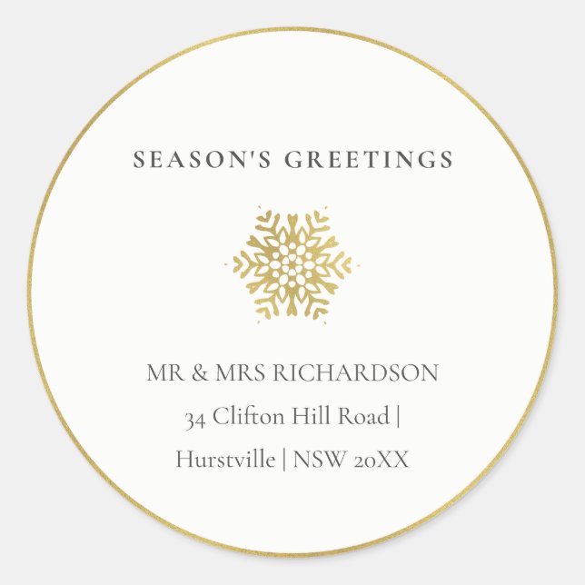 Minimal Gold Snowflake Season's Greetings Address Classic Round Sticker (Front)