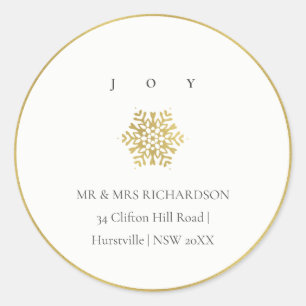 Minimal Gold SnowflakeJoy Christmas Address Classic Round Sticker
