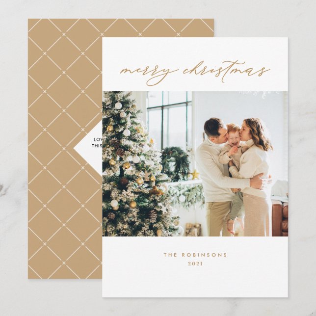 Minimal Gold White Elegant Script Christmas Photo Holiday Card (Front/Back)