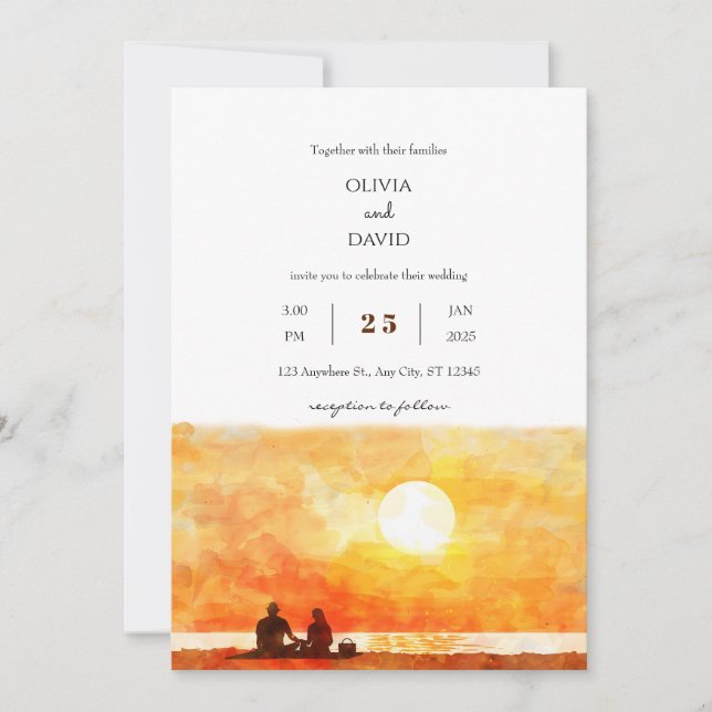 Minimal Golden Sunset Picnic Beach Wedding Invite  (Front)
