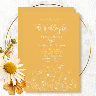 Minimal Golden Yellow White Floral Simple Wedding Invitation