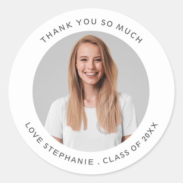 Minimal Grad Thank you Name Photo Year Graduation Classic Round Sticker (Front)